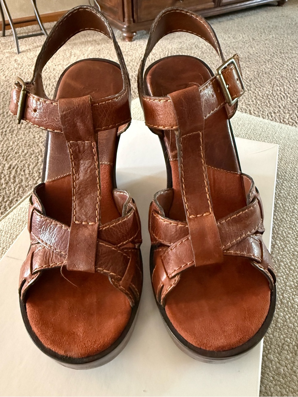 Women's Brown Leather T-Strap Sandals - platform sandals
 Style